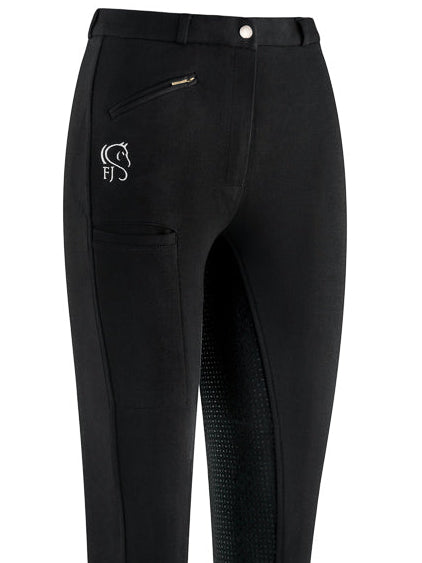 Black full seat silicone grip ladies jodhpurs, front side angle