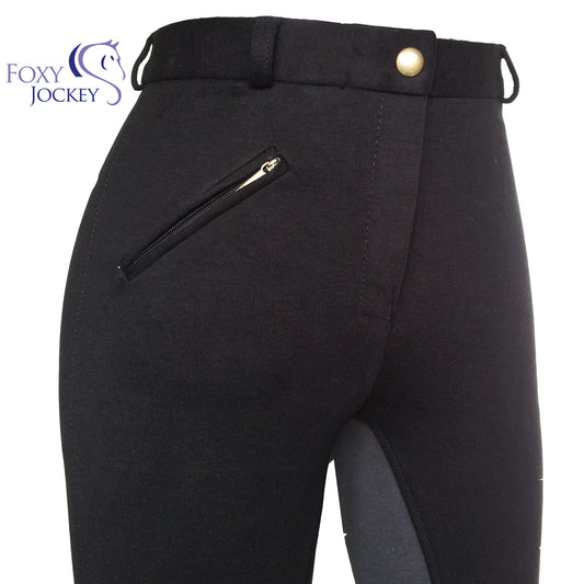 Ladies cotton jodhpurs in black with grey full seat